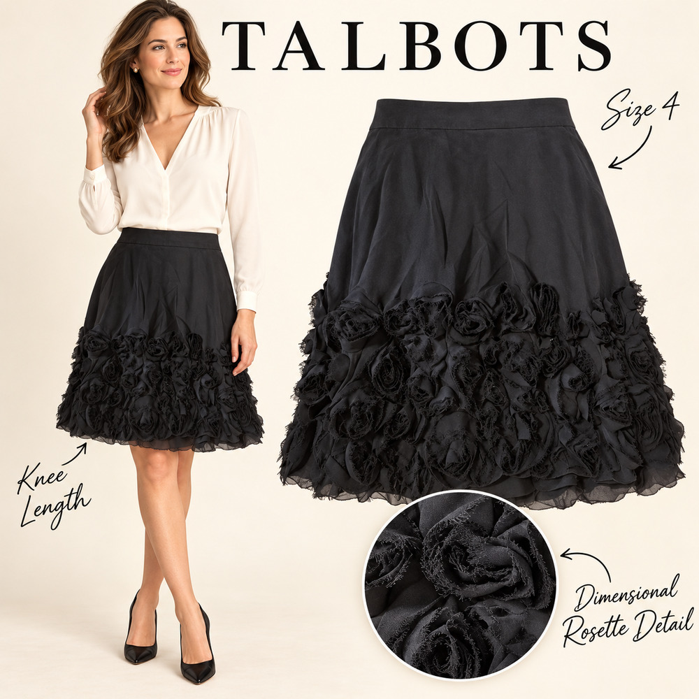 Talbots Size 4 Black Rosette Appliqué Knee Length A-Line Skirt